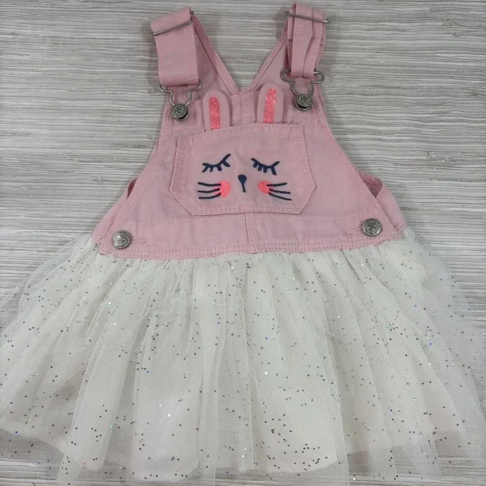OSHKOSH 12 MONTHS Rabbit overalls with tulle skirt pink and white VGUC